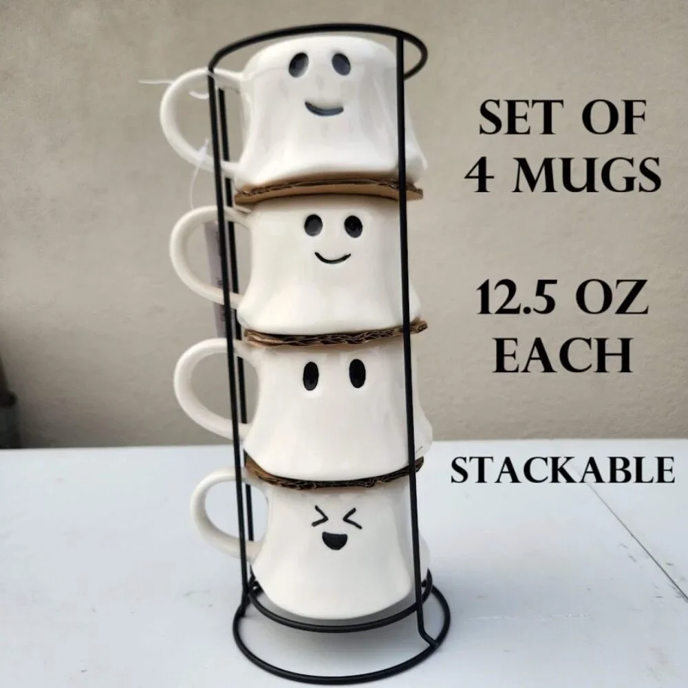 NEW Ceramic Ghost Face Mugs Mug Set of 4 Stacking Stackable White Stoneware Blac